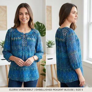 Gloria Vanderbilt Sequin-Embellished Blue Sequenced 3/4 Sleeve Blouse Size S